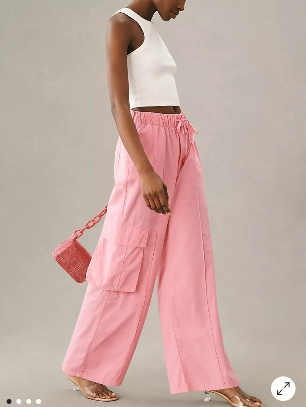 ANTHROPOLOGIE Wide Leg Parachute Cargo Pants L Drawstring Cotton Pink